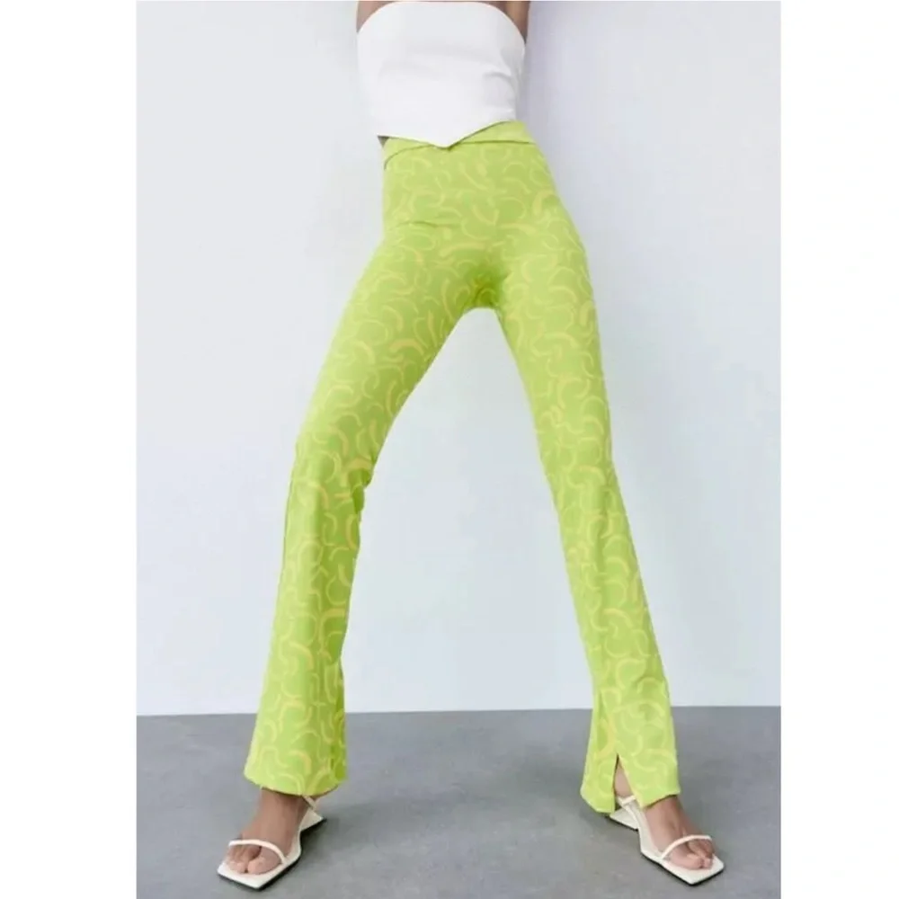 Zara NWT Lime Green & Yellow Knit Flare Jacquard Pant Size Small - Picture 3 of 9